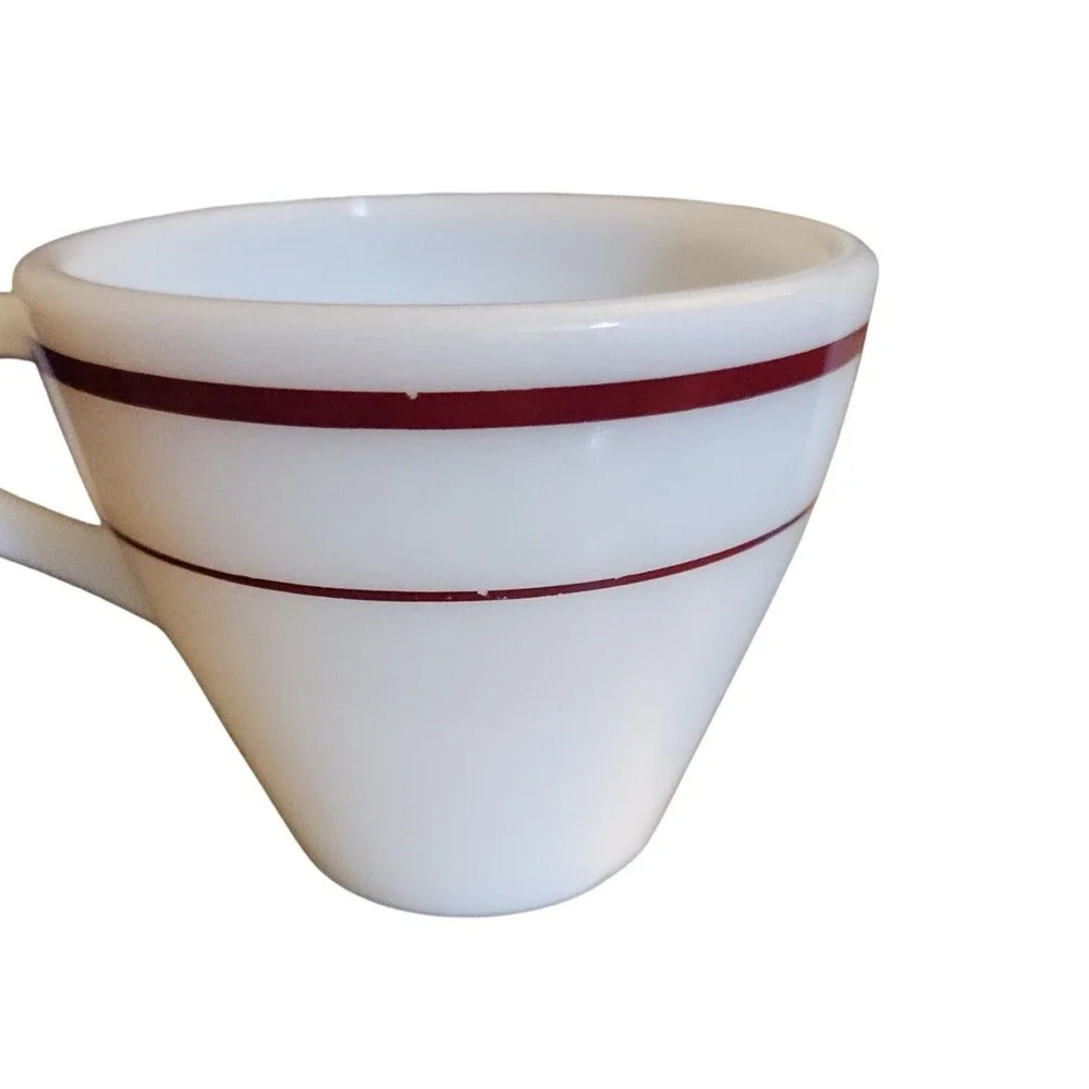 4-Vintage 1950s Pyrex Tableware by Corning Coffee Cups White w/ Double Red Band